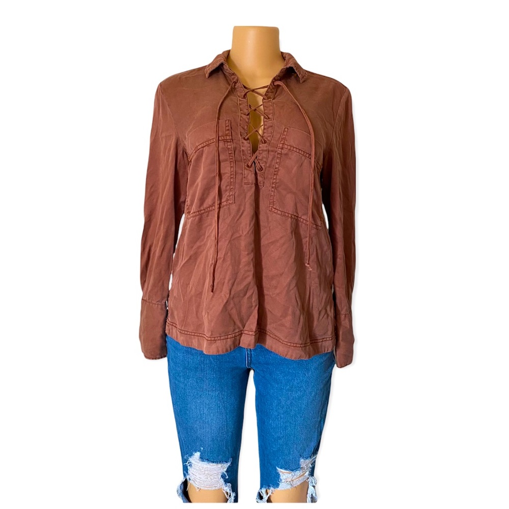 Free People “Under Your Spell” Tan/ Brown Lace Up Front Tunic size XS